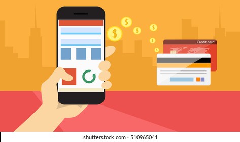 Hand Hold Cell Smart Phone Application Online Banking Payment Banner Flat Vector Illustration