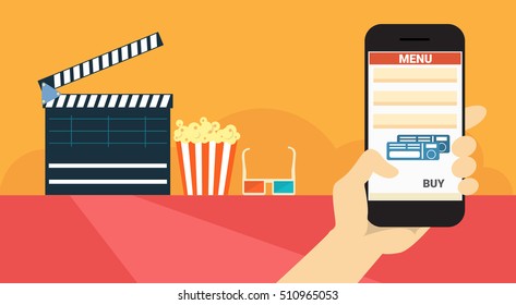 Hand Hold Cell Smart Phone Application Online Cinema Ticket Booking Banner Flat Vector Illustration