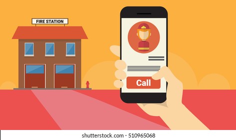 Hand Hold Cell Smart Phone Application Online Fireman Call Banner Flat Vector Illustration