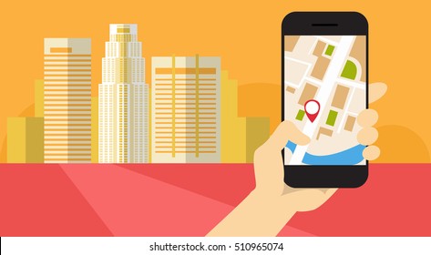 Hand Hold Cell Smart Phone Application Online Gps Navigation Banner Flat Vector Illustration