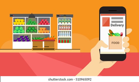Hand Hold Cell Smart Phone Application Online Food Delivery Banner Flat Vector Illustration