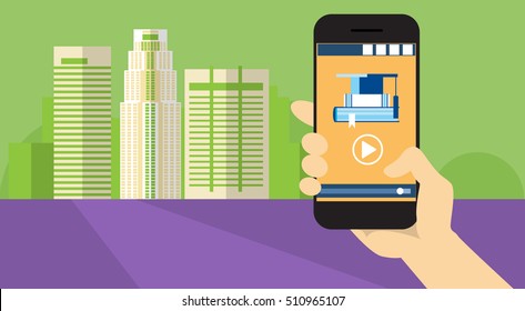 Hand Hold Cell Smart Phone Application Online Elearning Education Banner Flat Vector Illustration