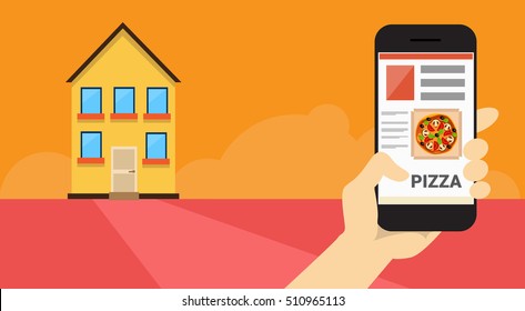 Hand Hold Cell Smart Phone Application Online Food Delivery Banner Flat Vector Illustration