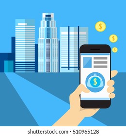 Hand Hold Cell Smart Phone Application Online Banking Payment Banner Flat Vector Illustration