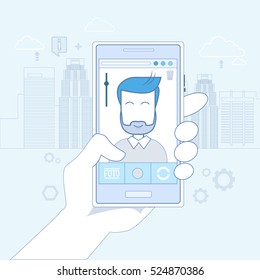 Hand Hold Cell Smart Phone Application Online Photo Editor Vector Illustration