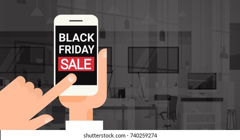 Hand Hold Cell Smart Phone With Black Friday Sale Message Discount Banner Design Flat Vector Illustration