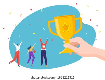 Hand hold champion golden cup, cheerful tiny character group together happy to win flat vector illustration, isolated on white.