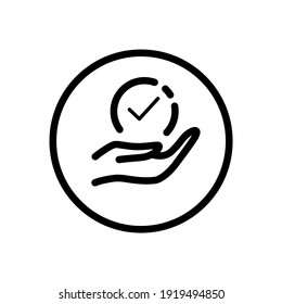 Hand Hold Check Mark. Commerce Outline Icon In A Circle. Vector Illustration