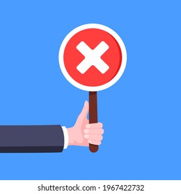 Hand hold check mark cross x round banner plate business concept flat style design vector illustration. Demonstration placard banner or test choice voting dispute.