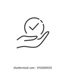 Hand hold check mark thin line icon. Outline commerce vector illustration