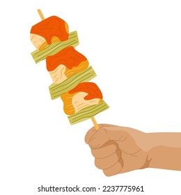 Hand hold chicken skewers on stick. Korean street food ddakkochi. Chicken and vegetables on stick in turns. Asian food snack. For banner menu promotion. Vector illustration.