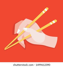 Hand hold chinese or japanese chopsticks. Eating asian food with special tool guide. Hand and finger position. Isolated flat illustration