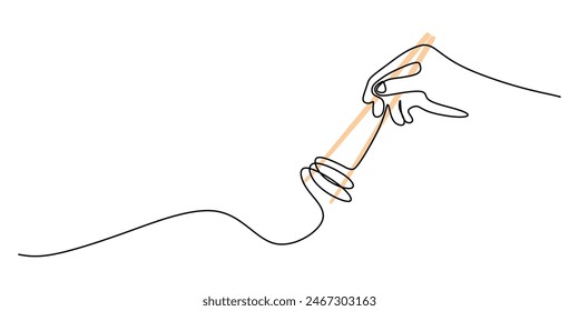 Hand hold chopstick and noodle in continuous line art drawing style isolated on white background. Healthy food concept vector illustration.