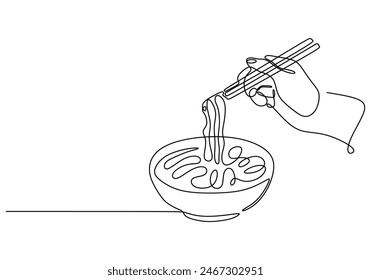 Mano sujeta el palillo con ramen o ramyeon en un estilo continuo de una sola línea aislado sobre fondo blanco. Fideos asiáticos en el tazón. Ramen Ilustración vectorial de dibujo de una sola línea.