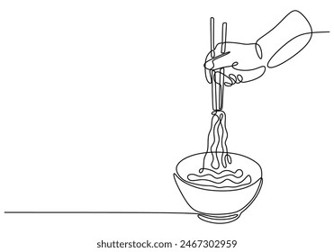 Mano sujeta el palillo con ramen o ramyeon en un estilo continuo de una sola línea aislado sobre fondo blanco. Fideos asiáticos en el tazón. Ramen Ilustración vectorial de dibujo de una sola línea.