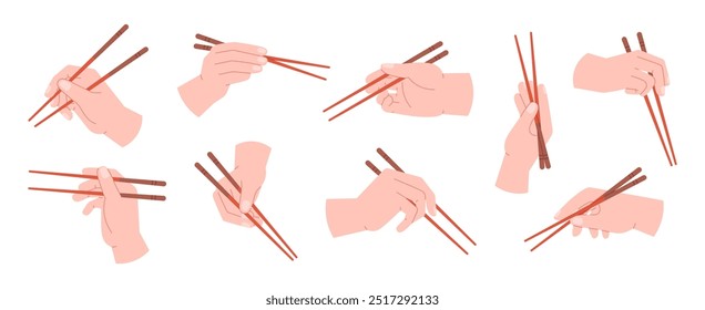 Segure os pauzinhos com as mãos em posições diferentes. Comer estilo asiático com chopstick. Utensílios coreanos chineses do vietnã japonês em mãos humanas, conjunto de vetores de racy