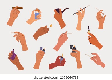 hand hold cigarette. hands holding different smoking devices, vape nicotine tobacco addiction gadgets collection, smoking equipment concept. vector cartoon set.