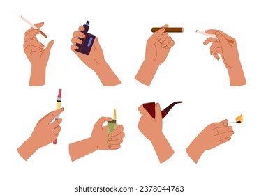 hand hold cigarette. smoking equipment concept, hands holding different smoking devices, vape nicotine tobacco addiction gadgets collection. vector cartoon set.