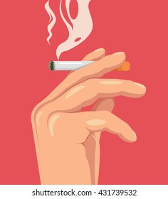 Hand hold cigarette. Smoking kills. Burning cigarette. Vector flat cartoon illustration