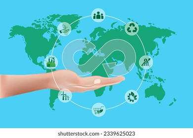 Mano sostiene el icono de economía circular. Ideas para el crecimiento futuro de los negocios y el diseño a reutilizar. Recursos materiales renovables y medio ambiente sostenibles.