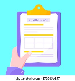 Hand hold clipboard with claim form on it, paper sheets, pen isolated on white background flat style design vector illustration. Concept of fill out or online survey insurance application form.