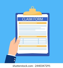 Hand hold clipboard with claim form on it, paper sheets, Concept of fill out or online survey insurance application form. Vector illustration in flat style