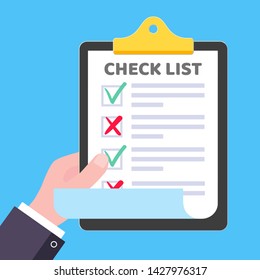 Hand hold clipboard with to do list claim form on it, paper sheets, check marks tick OK and cross x, checkbox on the list, red pen isolated on light blue background flat style vector illustration.