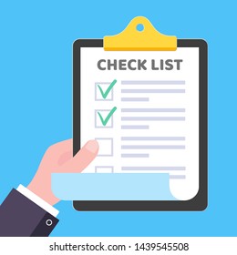 Hand hold clipboard with to do list claim form on it, paper sheets, check marks tick OK checkbox on the list isolated on light blue background flat style vector illustration.