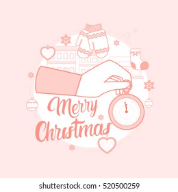 Hand Hold Clock Happy New Year Merry Christmas Greeting Card Thin Line Vector Illustration