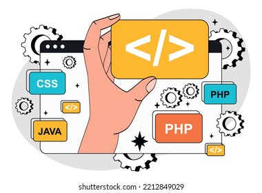 Hand hold code. Modern technologies and digital world, IT sphere. Programming and development of programs, software and applications. Poster or banner for website. Cartoon flat vector illustration