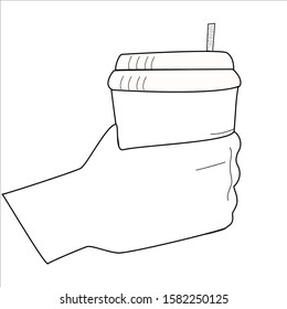 hand hold a coffee cup hand drawn, line drawing isolated symbol at white background