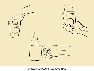 sujete con la mano una taza de café dibujada a mano, dibujo de línea símbolo aislado con fondo marrón
