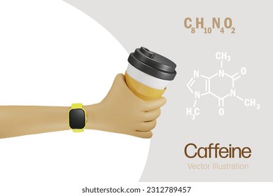 Hand hold coffee takeaway cup with caffeine skeletal formula molecular structure. Coffee research, foods science, chemistry and biological education concept. 3D vector.