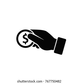 Hand Hold Coin Icon, Pay, Insert, Giving Money Flat Silhouette. Vector.