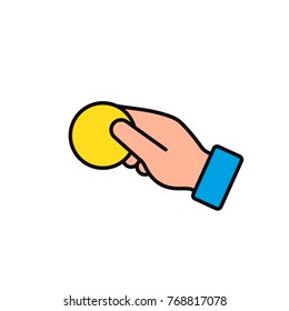 Hand hold coin icon, pay, insert, giving money color symbol. Vector.