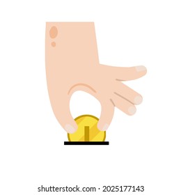 Hand hold coin. Saving money. Payment for products and sponsorship. Modern trendy flat cartoon illustration. Piggy bank slot.