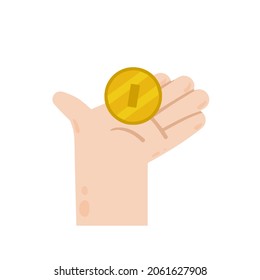 Hand hold coin. Saving money. Payment for products and sponsorship. Modern trendy flat cartoon illustration