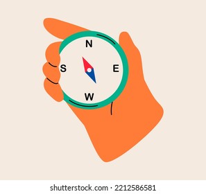 Hand hold compass in hand. Colorful vector illustration