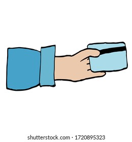 Hand hold a credit card. Color flat vector illustration. Cartoon isolated on a white background.