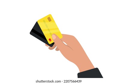 Hand hold credit card. Flat design credit card template. Online payment, financial operations, cash withdrawal, shopping. Vector for business finance, online banking and online shopping