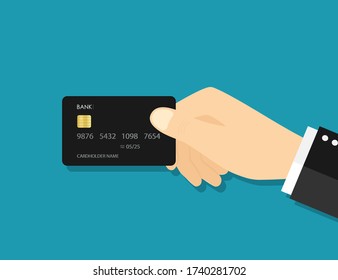 Hand hold credit card. Icon of payment. Concept of bank, money, pay. Comfort shopping without cash. Customer buy in store. Online purchase, transaction. Chip in debit card for identity swipe. Vector.