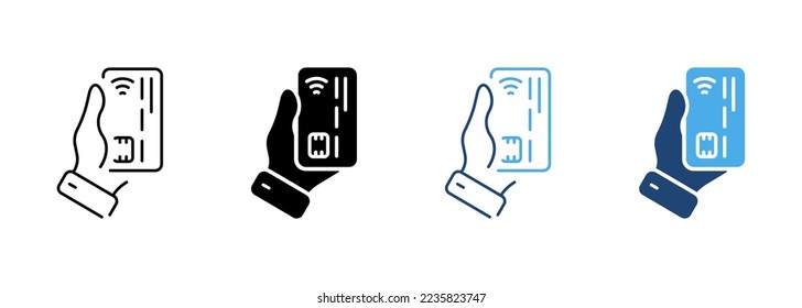 Hand Hold Credit Card Line and Silhouette Icon Set. Debit Card Customer Pay for Electronic Purchase. Financial Payment Bank Symbol Collection on White Background. Isolated Vector Illustration.