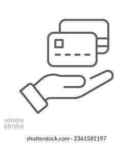 Hand hold credit card line icon, cash pay machine. discount swipe id, financial digital cashless business online sale payment logo editable stroke vector illustration design on white background EPS 10