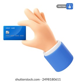 Hand hold credit card. Plastic debit card in hand. 3D realistic icon.  Paying online using bank card, nfc payment concept. Vector illustration