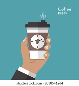 Hand hold cup of coffee, coffee time, coffee break concept