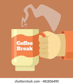 Hand hold cup of hot coffee. Coffee break. Vector flat cartoon illustration