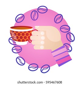 Hand Hold Cup Tea Coffee Break Morning Beverage Flat Vector Illustration