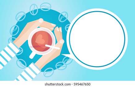 Hand Hold Cup Tea Coffee Break Morning Beverage Banner Flat Vector Illustration