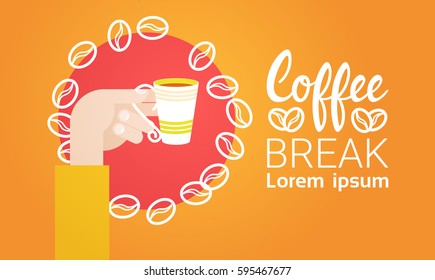 Hand Hold Cup Tea Coffee Break Morning Beverage Banner Flat Vector Illustration