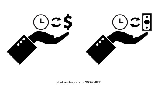 Hand hold cycle of money - time (saying). Icons 